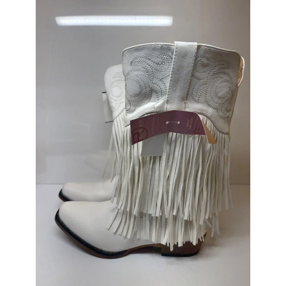 Roper Girls White Faux Leather Fringe Snip Toe Cowboy Boots size 2  1815663018
